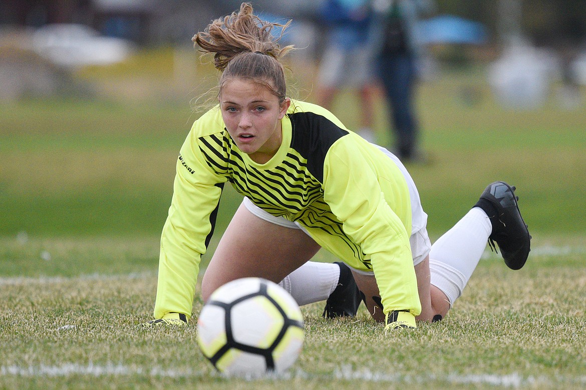 Polson keeper Megan Rost watches a rebound from a shot go wide of the goal at Smith Fields in Whitefish on Saturday. (Casey Kreider/Daily Inter Lake)