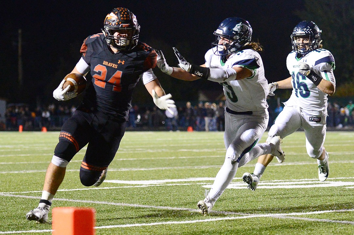 Flathead running back Blake Counts (24) heads for the pylon in the fourth quarter against Glacier at Legends Stadium on Friday. (Casey Kreider/Daily Inter Lake)