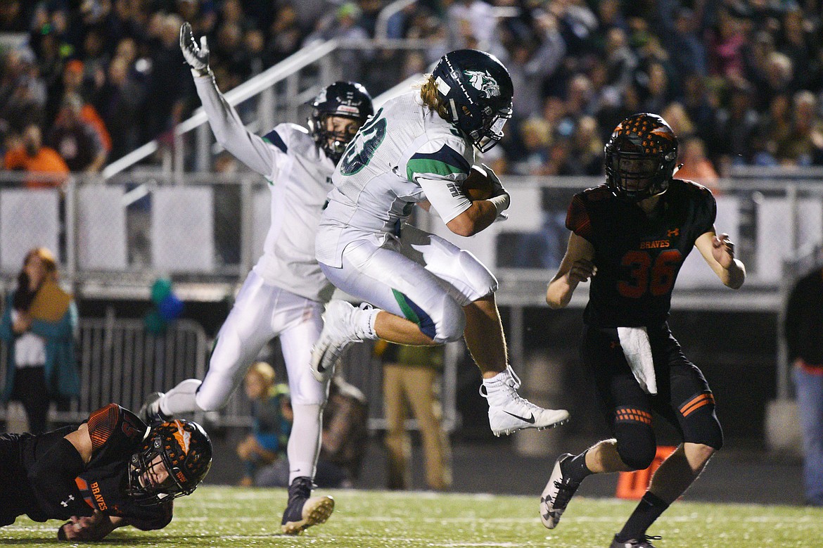 Glacier running back Preston Blain (33) scores a fourth quarter touchdown against Flathead at Legends Stadium on Friday. (Casey Kreider/Daily Inter Lake)