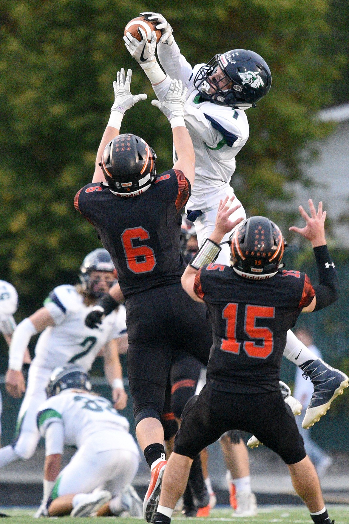 Glacier wide receiver Colin Bowden (1) hauls in a first quarter reception against Flathead at Legends Stadium on Friday. (Casey Kreider/Daily Inter Lake)