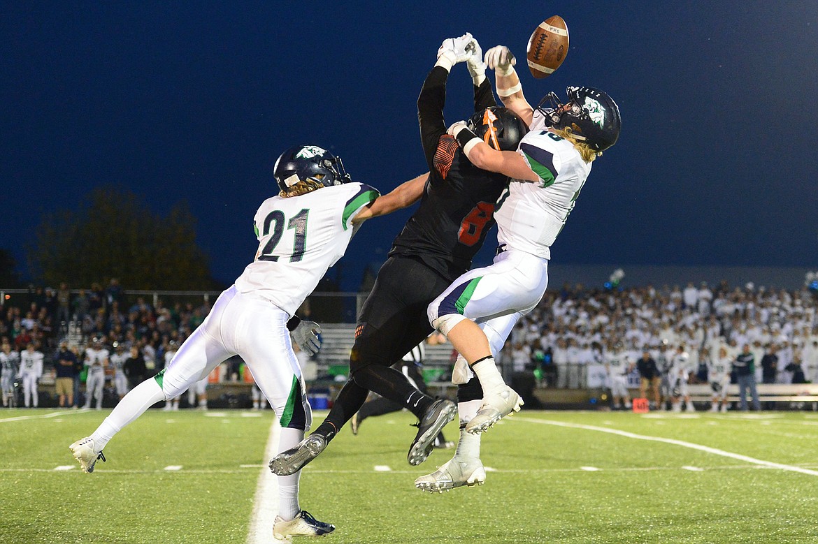 Glacier defensive back Garret Frost (18) is flagged for pass interference on Flathead wide receiver AJ Jones on a second quarter pass at Legends Stadium on Friday. (Casey Kreider/Daily Inter Lake)