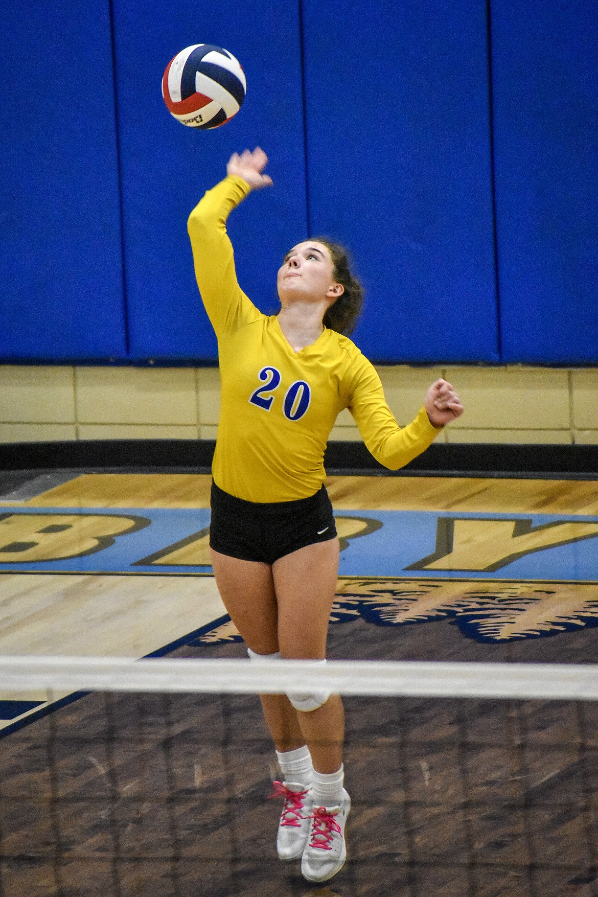 Libby senior Emma Gruber serves up her fifth ace of the night during the second set of the Lady Loggers&#146; win against Eureka Tuesday. Gruber racked up eight aces for the match. (Ben Kibbey/The Western News)