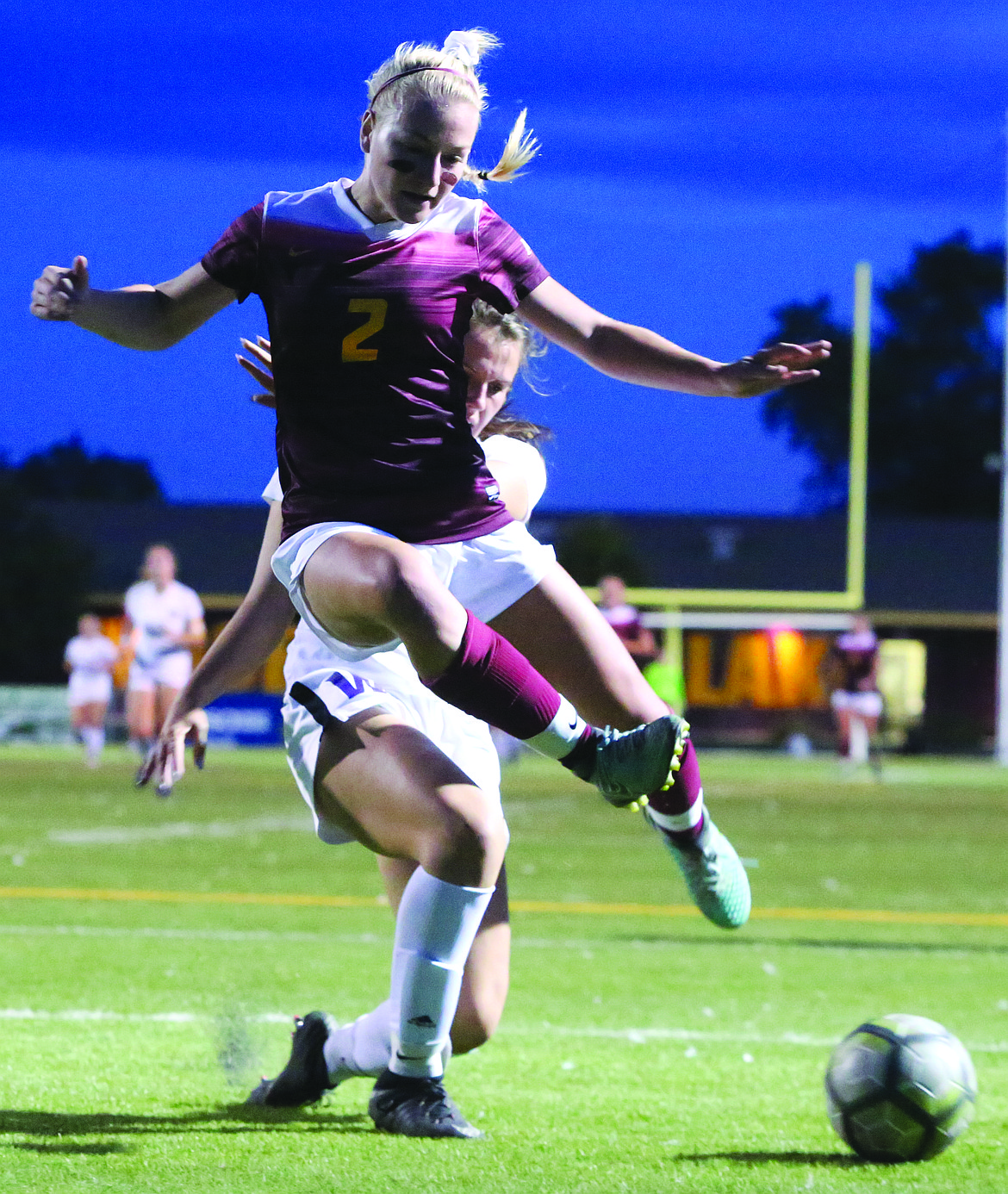 Connor Vanderweyst/Columbia Basin Herald
Moses Lake forward Madi Krogh loses possession against Wenatchee.