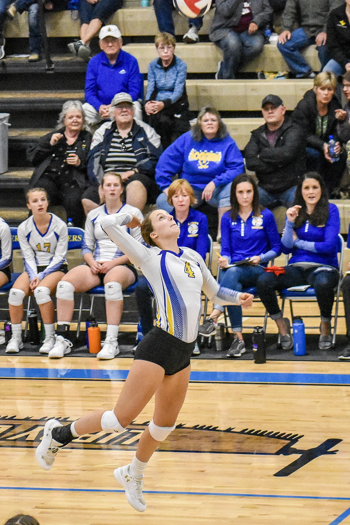 Libby senior Jayden Winslow goes up for a dig during the Lady Loggers&#146; third set of a three-set win against Ronan Saturday. (Ben Kibbey/The Western News)
