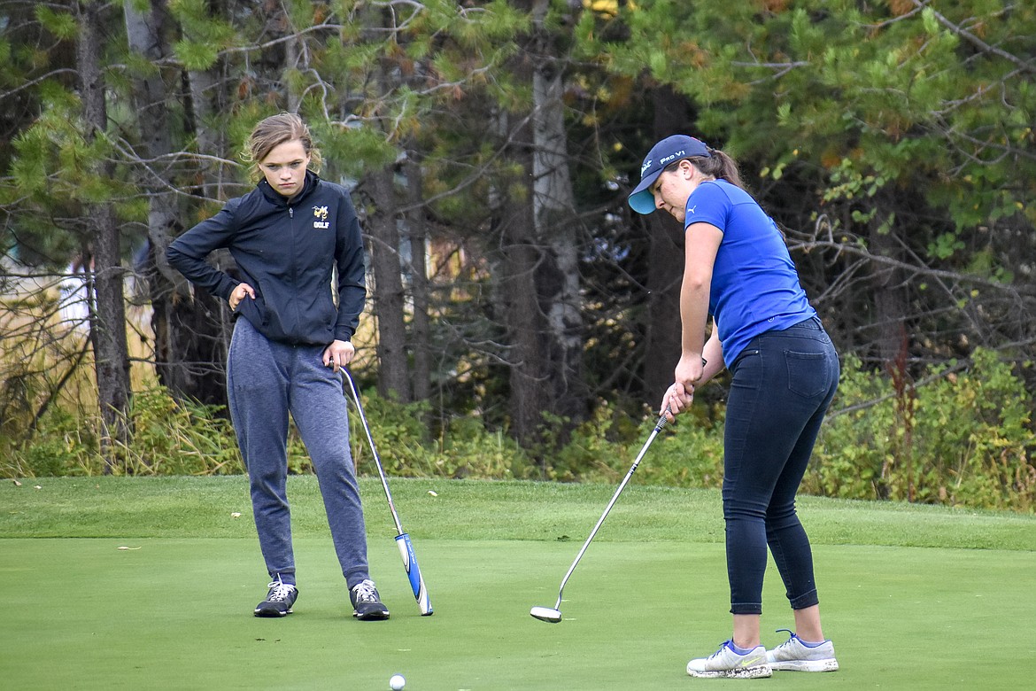 Libby senior Sammee Bradeen putts on the 9th hole during the Western &#145;A&#146; Divisional at Cabinet View Golf Club in Libby Friday. (Ben Kibbey/The Western News)