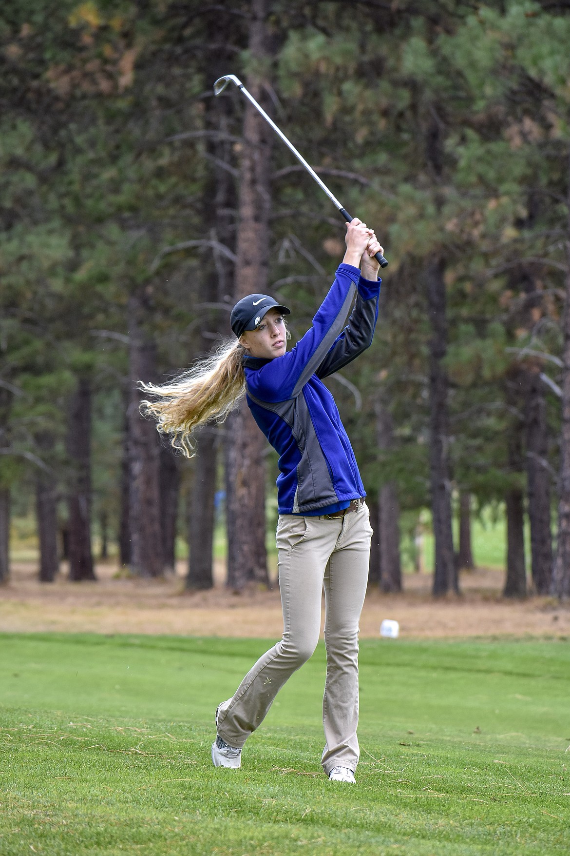 Libby junior Sydney Croucher drives on the 9th hole during the Western &#145;A&#146; Divisional at Cabinet View Golf Club in Libby Friday. (Ben Kibbey/The Western News)