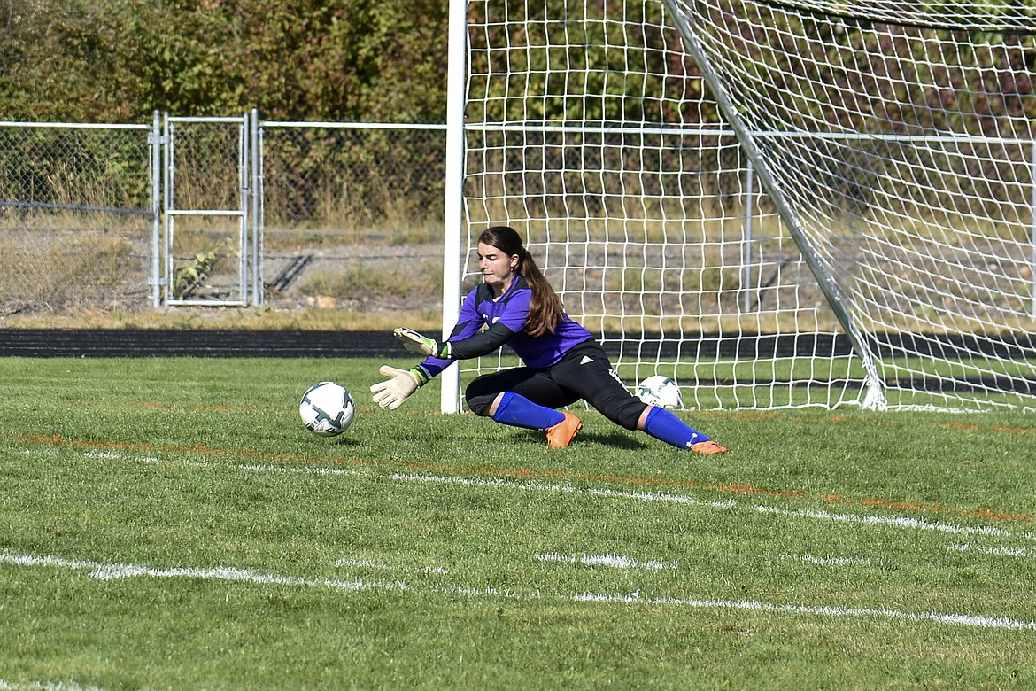 Early in the second half with the score still tied 2-2, Libby sophomore goalkeeper Bethany Thomas dives for a save, keeping the Valkyries from taking the lead during the Lady Loggers&#146; 3-2 win against the Valkyries Saturday. (Ben Kibbey/The Western News)