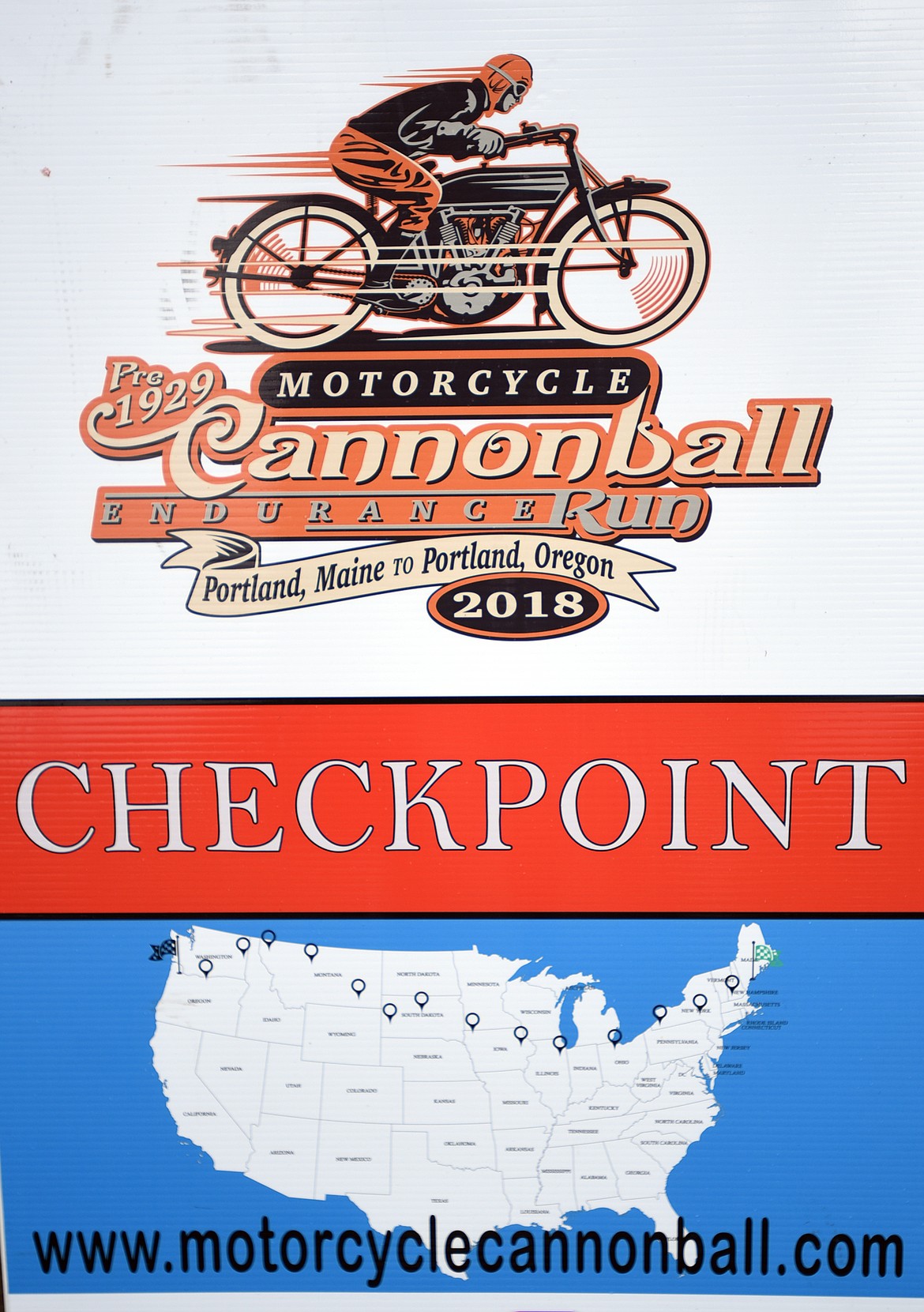 Detail of the Pre 1929 Motorcycle Cannonball Endurance Run sign outside the Red Lion Hotel in Kalispell on Thursday, September 20.(Brenda Ahearn/Daily Inter Lake)