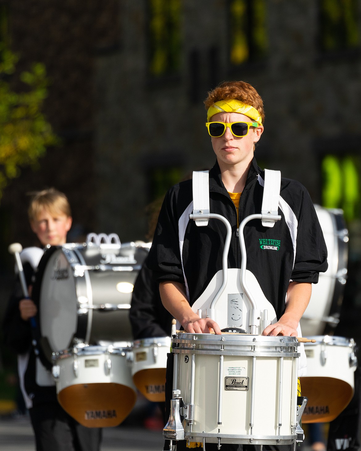 The Bulldog marching band gets the crowd going during the homecoming parade on Friday through downtown. (Daniel McKay photos/Whitefish Pilot)