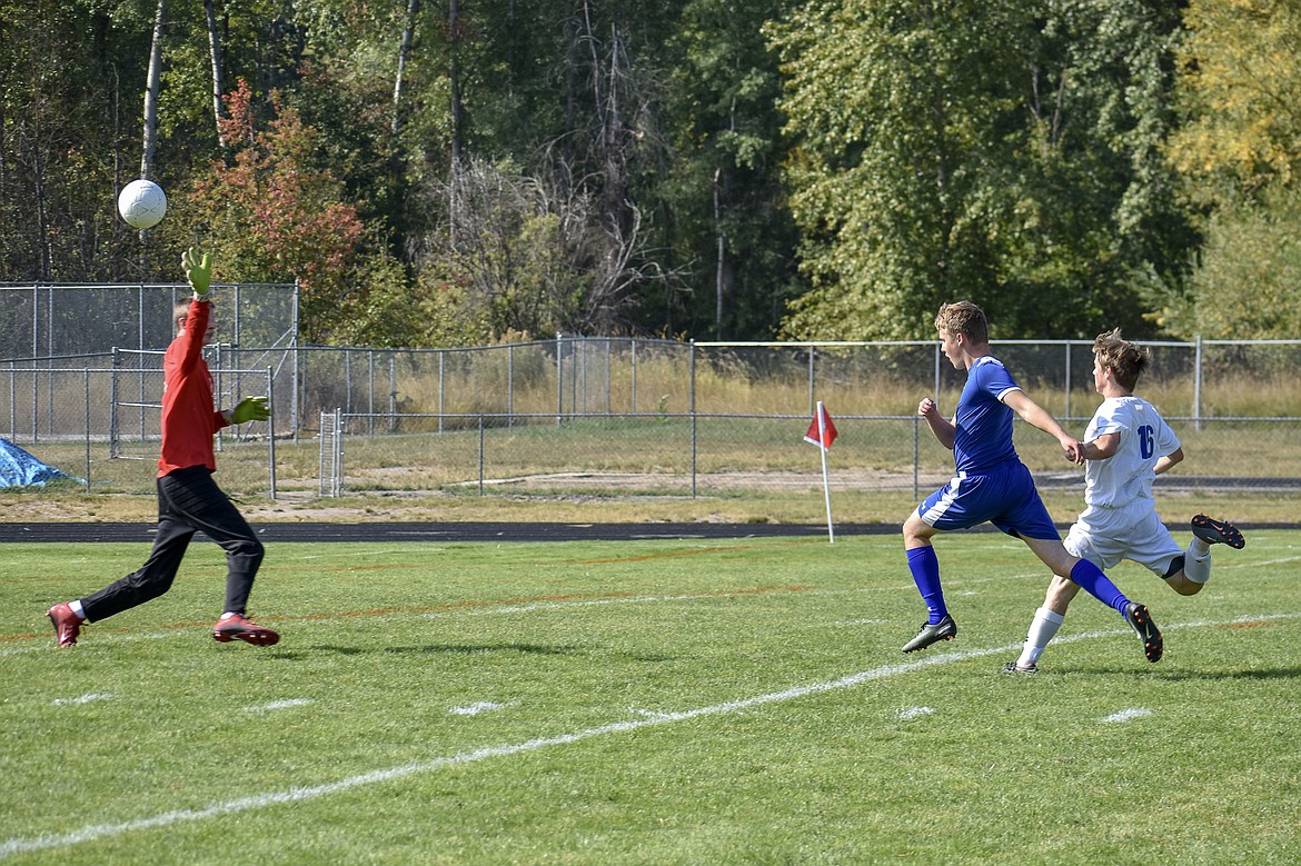 Libby freshman midfielder Logan LaBelle makes takes a shot at the Viking&#146;s goal early in the first half Saturday, with the ball just missing. (Ben Kibbey/The Western News)