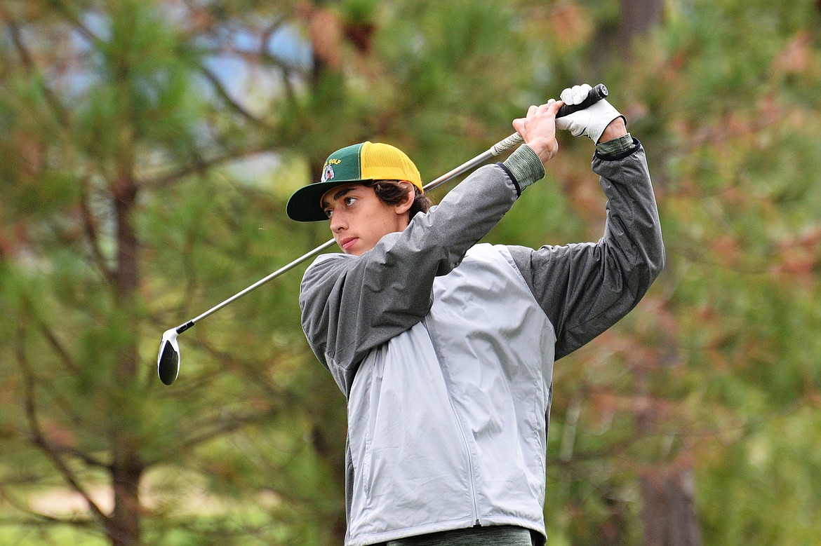 Jayce Cripe fires off the tee during the Western A Divsional tournament in Libby. Cripe had a hole-in-one during the tournament. (Jeff Doorn photo)