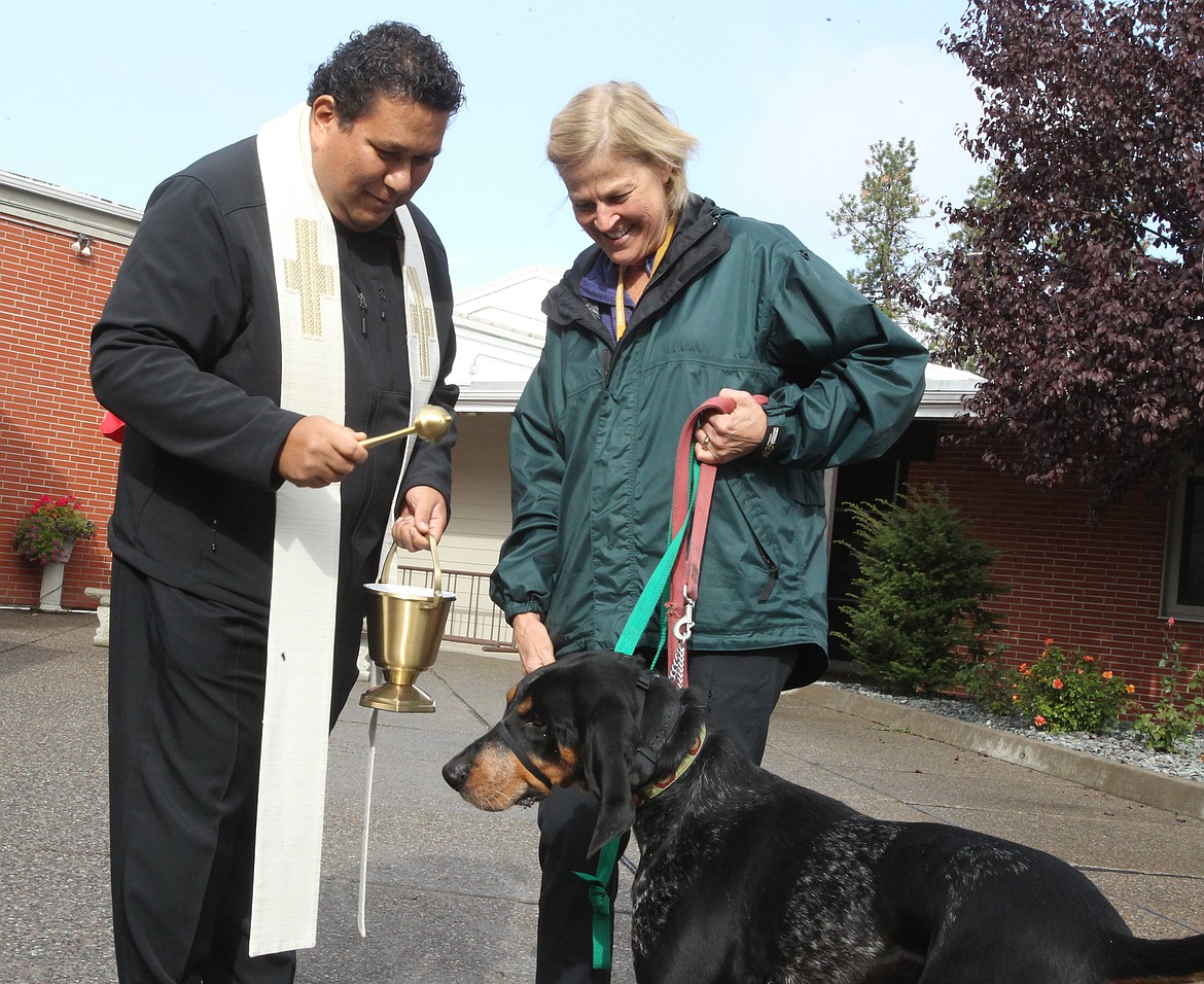 The Rev. Francisco Flores blesses 4-year-old hound dog Dewey, accompanied by his human, Sandy Reighard of Coeur d'Alene, Saturday during the Blessing of the Animals at St. Pius X Catholic Church. (DEVIN WEEKS/Press)