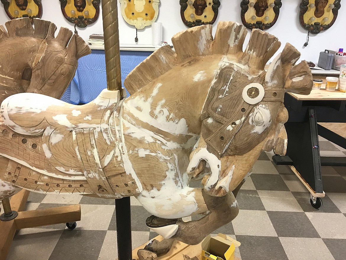 (Courtesy photo)
One of the bejeweled outside Trojan-style horses from the Carousel of Smiles in the midst of its wood restoration. The horse was nicknamed &quot;Idaho&quot; by the restorers at the Merry-Go-Round Museum in Sandusky, Ohio.