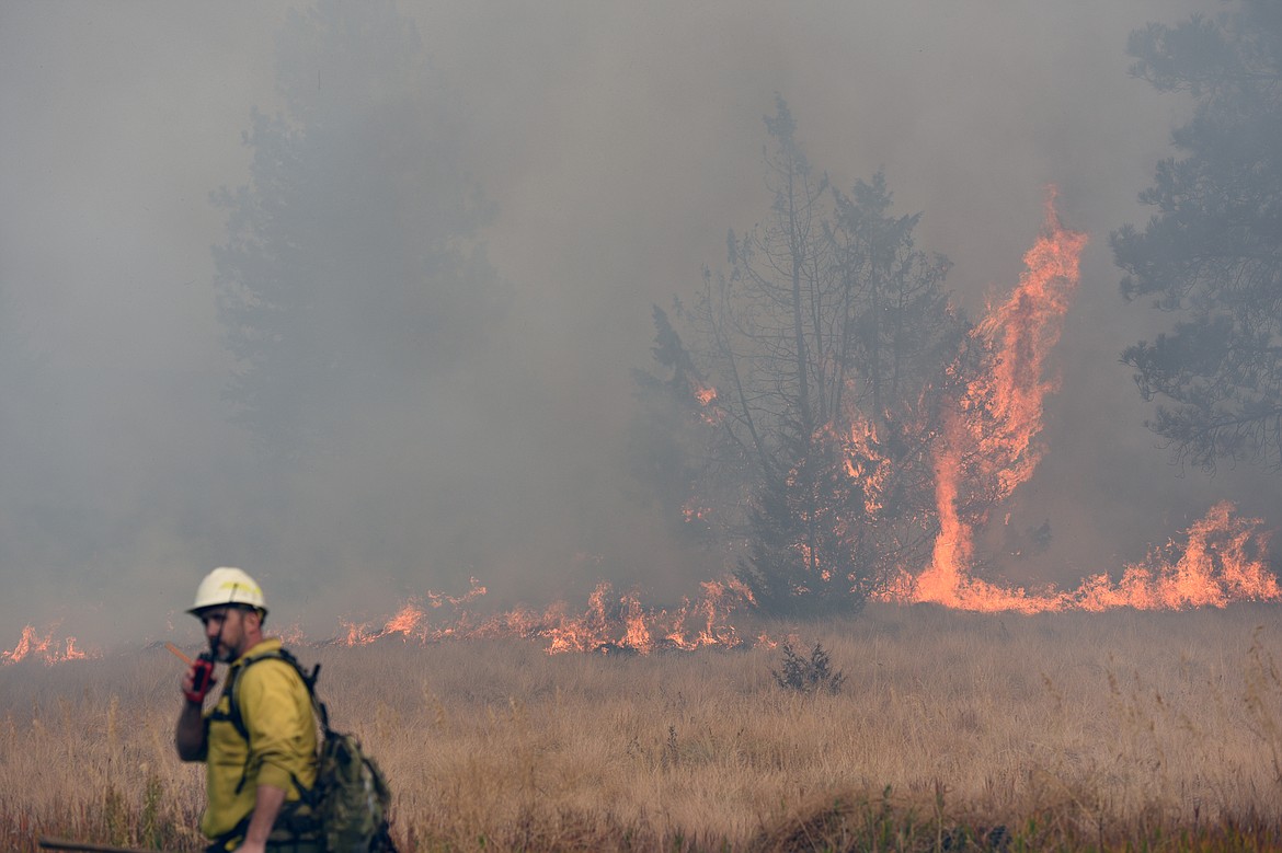 A Forest Service firefighter radios from the scene of a fire in a field off Foys Lake Road in Kalispell on Tuesday. (Casey Kreider/Daily Inter Lake)