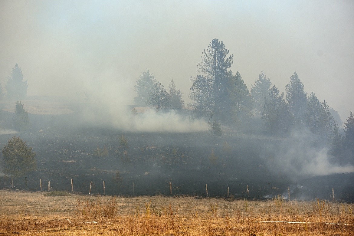 A burned area of a field that caught fire is shown off Foys Lake Road in Kalispell on Tuesday. (Casey Kreider/Daily Inter Lake)