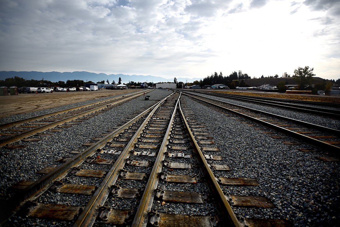 Railroad tracks under an October sky at the Glacier Rail Park Grand Opening Ceremony in Kalispell.(Brenda Ahearn/Daily Inter Lake)