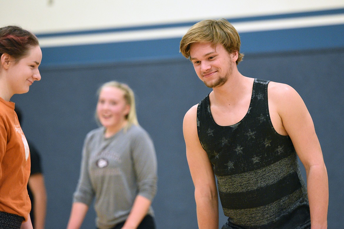 FVCC freshman Jack Couch jokes with teammates during intramural volleyball at Stillwater Christian School on Thursday evening. (Casey Kreider/Daily Inter Lake)