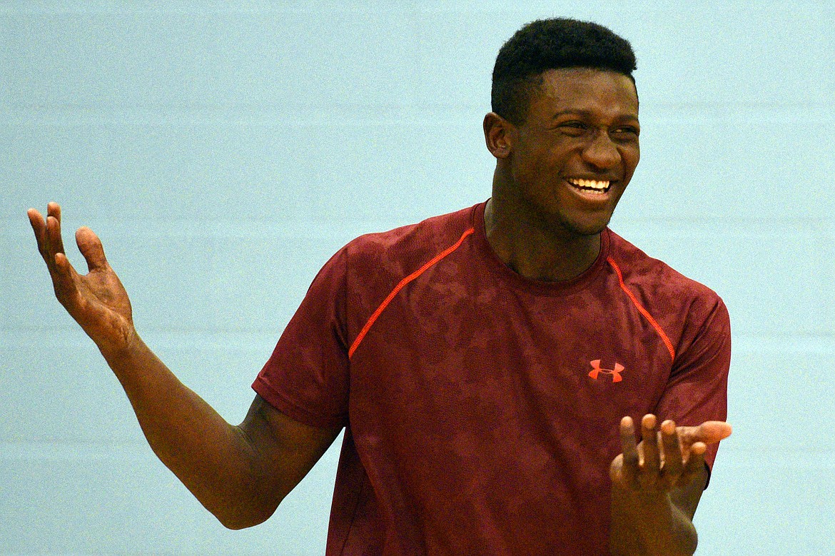 FVCC sophomore Manny Budke laughs after the opposing team scored a point because he was out of position during intramural volleyball at Stillwater Christian School on Thursday evening. (Casey Kreider/Daily Inter Lake)