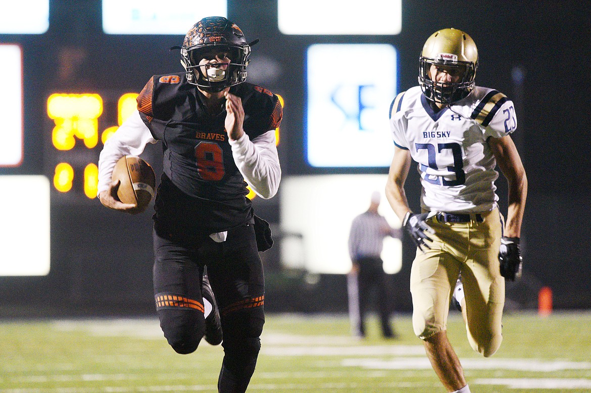 Flathead's AJ Jones heads to the end zone on a 42-yard touchdown reception in the second quarter against Missoula Big Sky at Legends Stadium on Friday. (Casey Kreider/Daily Inter Lake)