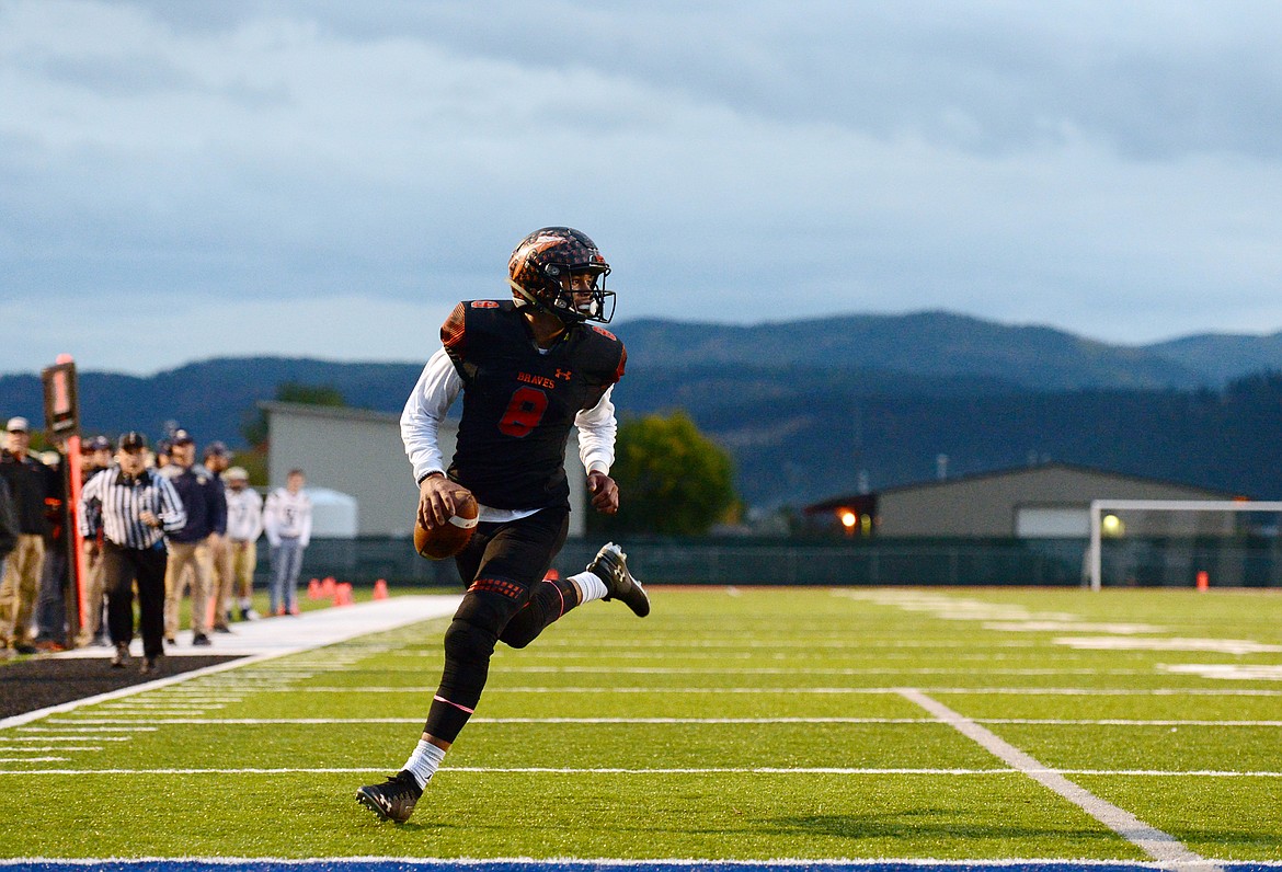 Flathead wide receiver AJ Jones coasts into the end zone on a first-quarter touchdown reception against Missoula Big Sky at Legends Stadium on Friday. (Casey Kreider/Daily Inter Lake)