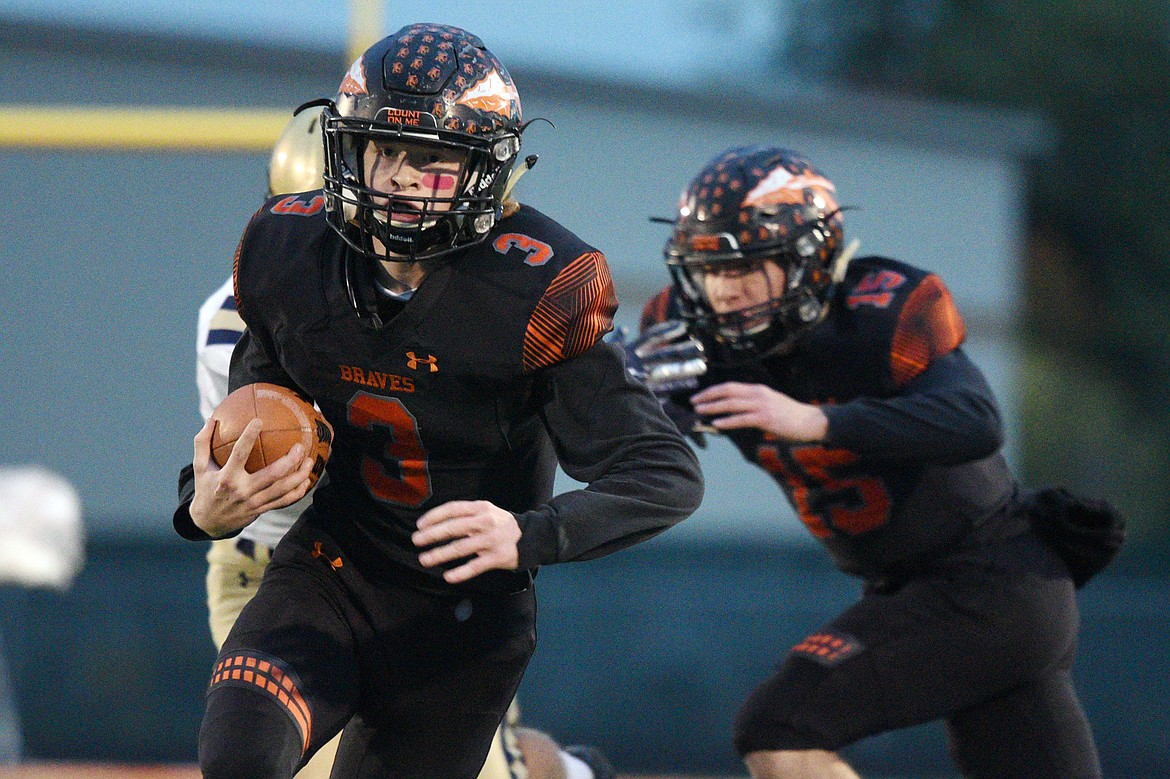 Flathead defensive back Chance Sheldon-Allen (3) cuts upfield after a first quarter interception against Missoula Big Sky at Legends Stadium on Friday. (Casey Kreider/Daily Inter Lake)