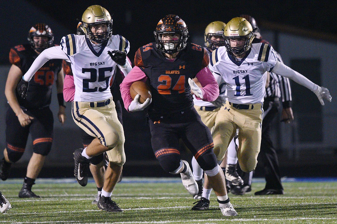 Flathead running back Blake Counts (24) looks for room to run in the second quarter against Missoula Big Sky at Legends Stadium on Friday. (Casey Kreider/Daily Inter Lake)