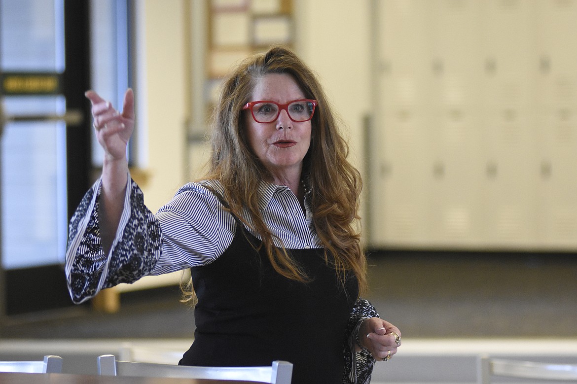 Elsie Arntzen, State Superintendent for the Office of Public Instruction, talks to Whitefish High School students about potential careers in construction during Construction Week.