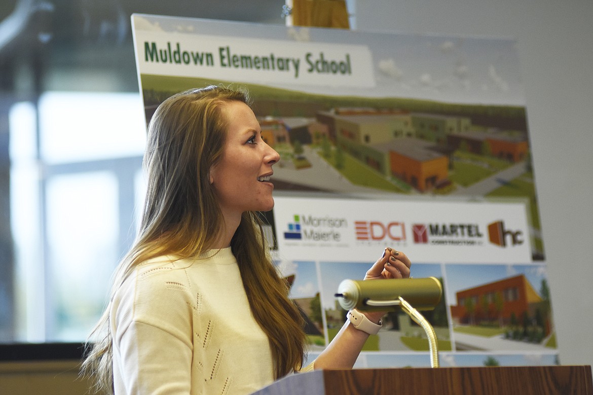 Cara Julian, Lead Architect for L&#146;Heureux, Page and Werner, talks to Whitefish High School students her path to becoming an architect on Muldown Elementary School.