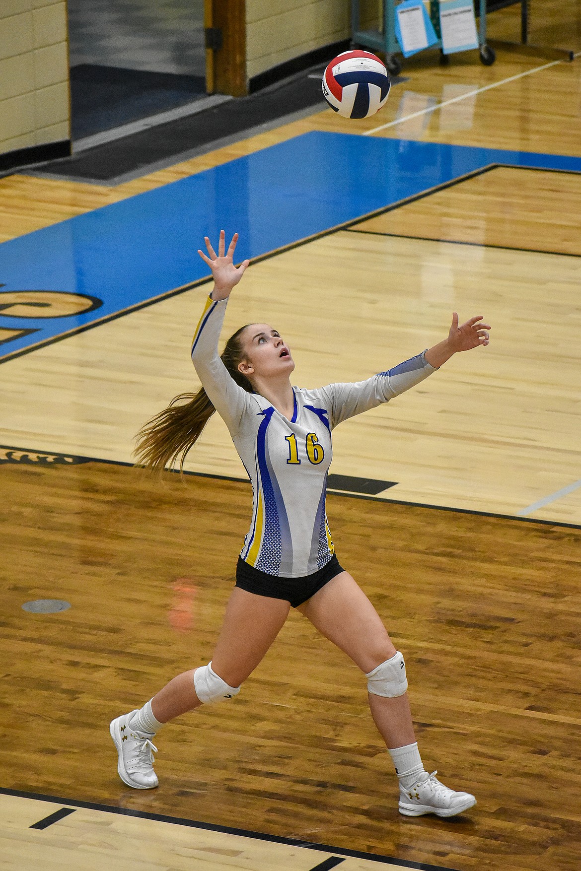 Libby junior Kylee Quinn, who lead the Lady Loggers with four aces, serves during Libby&#146;s homecoming match against Browning Saturday. (Ben Kibbey/The Western News)