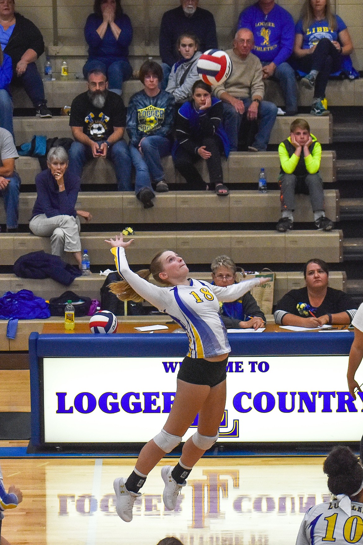 Libby senior Jessika Jones leaps up to make a kill during the final set of the Lady Loggers&#146; homecoming match against Browning Saturday. (Ben Kibbey/The Western News)