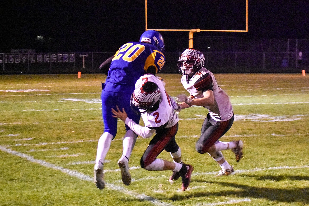 After trying to tackle him since the line of scrimmage, Browning senior defensive back C.J. Smith manages to force Libby sophomore running back Dawson Young out of bounds after a 32 yard gain late in the fourth quarter of the Logger&#146;s 42-14 homecoming win overthe Indians Friday. (Ben Kibbey/The Western News)