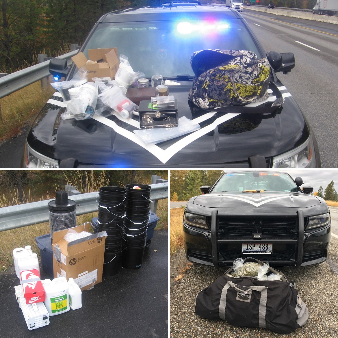 Top: Miscellaneous marijuana and illegally possessed prescription pills. Bottom left: Equipment used to create an illegal marijuana growing operation. One plant alone is capable of growing up to a pound of marijuana itself. Bottom right: A hockey bag full of marijuana.