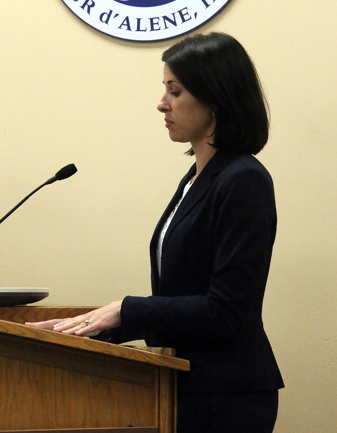 Attorney Megan O&#146;Dowd reports on the status of the Hayden Lake School proposal at the Coeur d&#146;Alene School Board meeting Monday. (JUDD WILSON/Press)