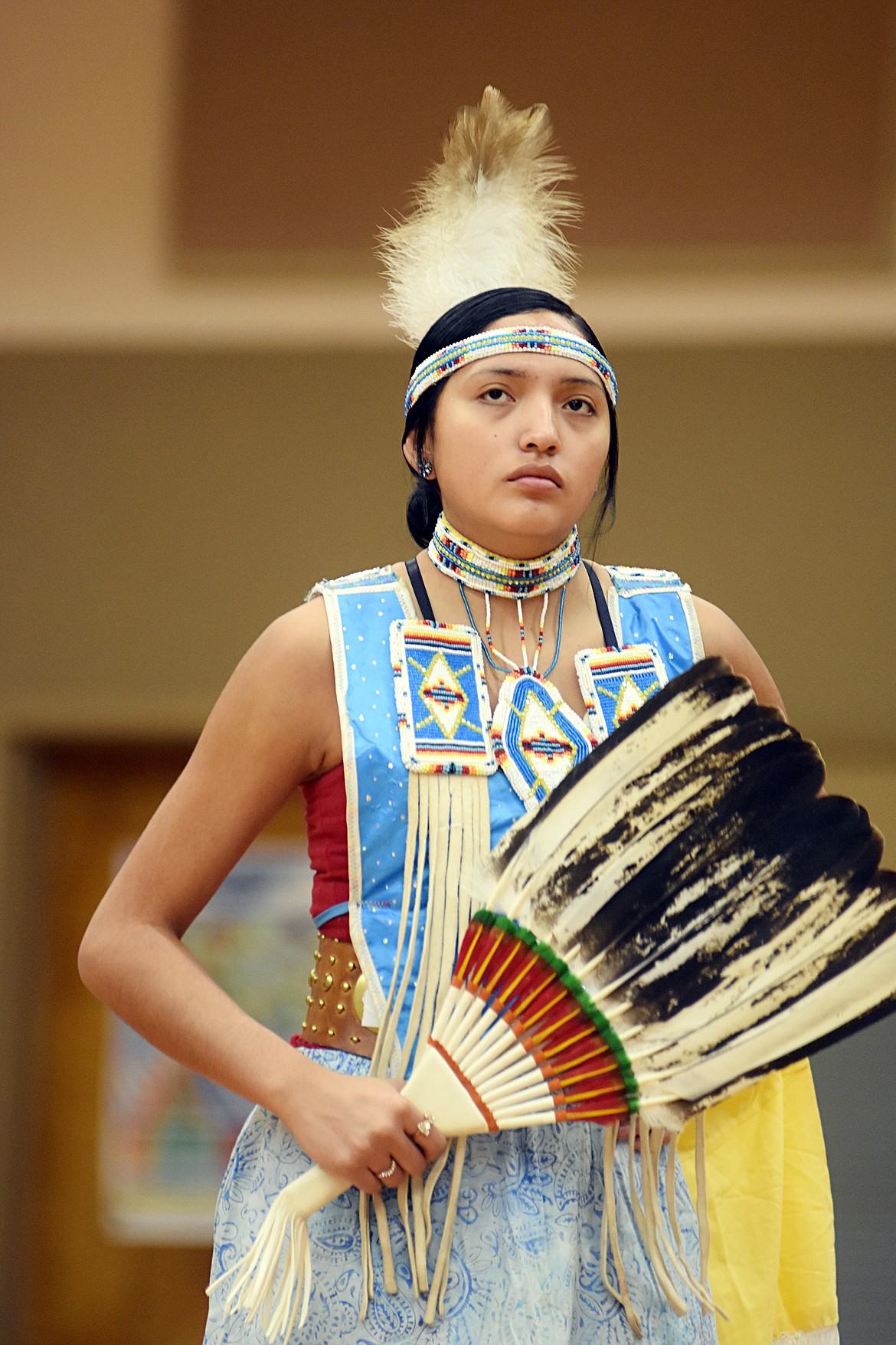 Dulci Skunk Camp performed Thursday morning at Olney-Bissell School during a presentation by the Pikuni Legacy Dance Troupe from Browning. (Heidi Desch/Whitefish Pilot)