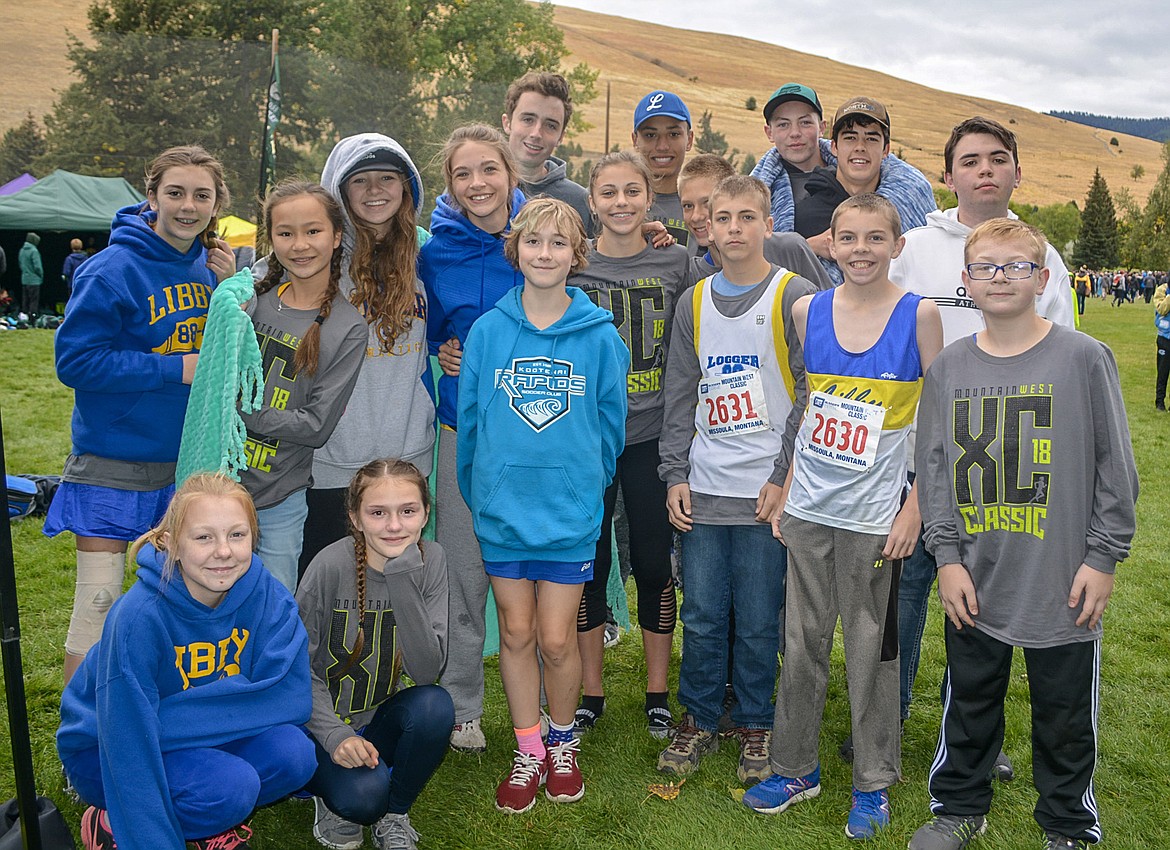 The Libby High School and Middle School cross country teams at the Mountain West Cross Country Classic in Missoula on Saturday. Front girls: Sophia Kim, Willow Williamson. Middle girls: Kailey Skranak, Katelyn Huff, Laneigha Zeiler Mikalyn Zeiler, Annika Benner, Savanna Sanderson. Front boys: Matt Niemi, Sam Brumbaugh, Cael Schwindt. Back boys: William O’Connell, Lucky Martin, Dawson Rose (Middle), Freddie Moore, John Cheroske, Cort Stern. (Photo Courtesy Bob Stickney)