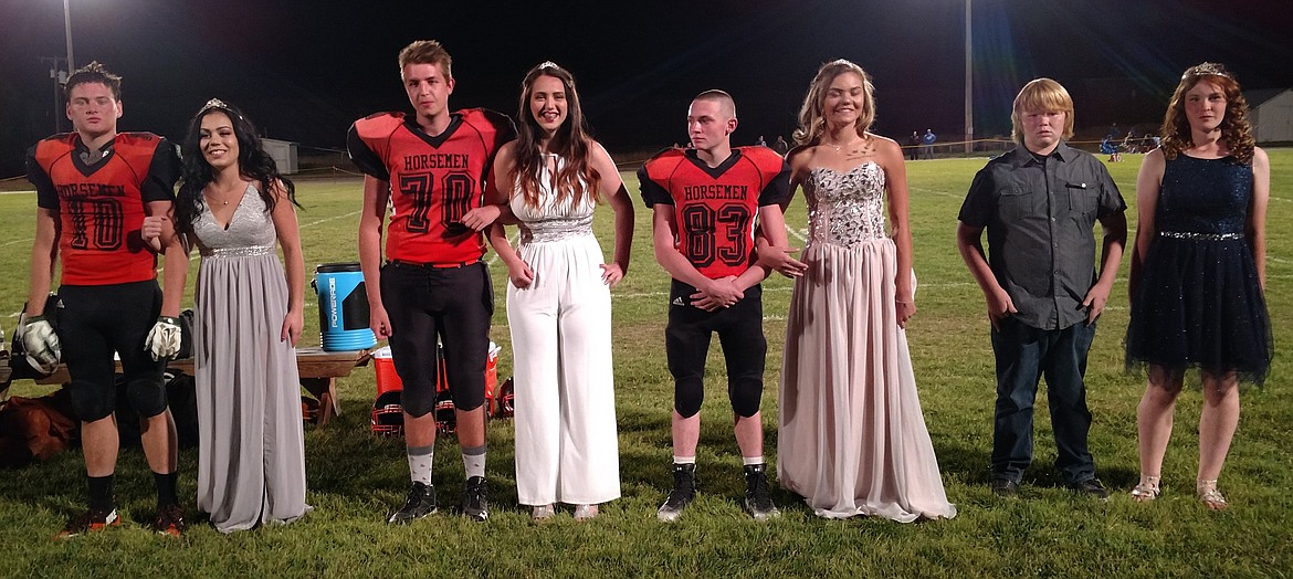 Plains High School's Homecoming royalty was recognized during halftime of the Plains-Mission football game last Friday. Fernando Martin and Haley Josephson were crowned king and queen. Attendants pictured, from left, are senior, Matt McCracken and Josephson; junior, Martin and Kelsey Standeford; sophomore, Peter Carey and Mariah Smith; and freshman, Alex Ellis and Aubrey Tulloch. (Joe Sova/Clark Fork Valley Press)