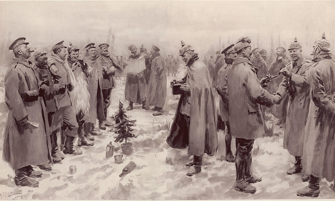 An illustration of the Christmas Truce of 1914 originally published in The Guardian on Jan. 9, 1915. By A.C. Michael. The original caption read: &#147;Saxons and Anglo-Saxons fraternising on the field of battle at the season of peace and goodwill. Officers and men from the German and British trenches meet and greet one another &#133;&#148; (Illustrated London News &#133; )