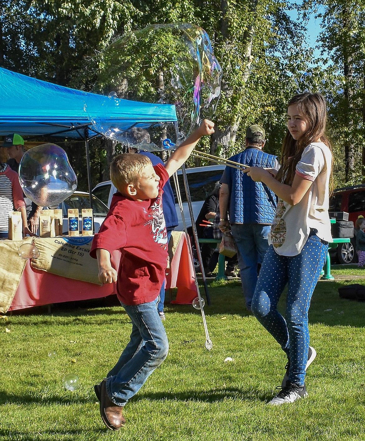 Cole Wilson makes a jab at one of the giant bubbles Josie Griffiths created Friday at the Troy Farmer’s Market Apple Festival with a bubble wand sold as a fundraiser for the After School Program at Troy Public Schools. The staff and students have ongoing fundraising efforts in order to keep the program going, including a Fall Dinner fundraiser at W.F. Morrison Elementary on November 15. (Ben Kibbey/The Western News)