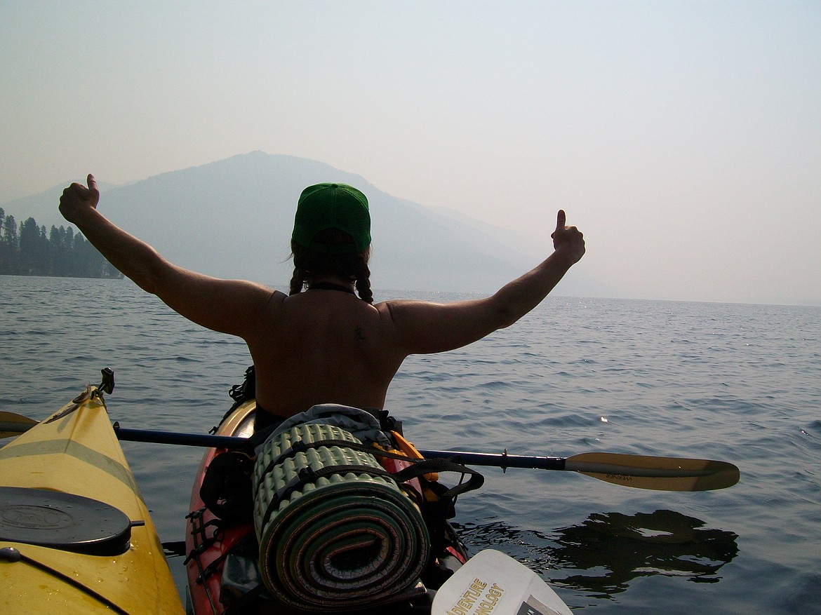 Karen Wilmoth is happy to be circumnavigating Lake Pend Oreille by kayak.