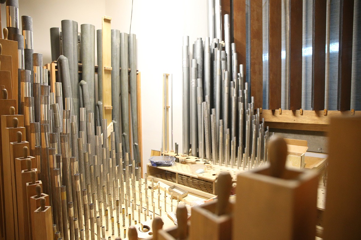 The Community Methodist Church organ fills two chamber room with over 1,500 pipes and swell shades, seen top right, that are used to control the sound volume. (LOREN BENOIT/Press)