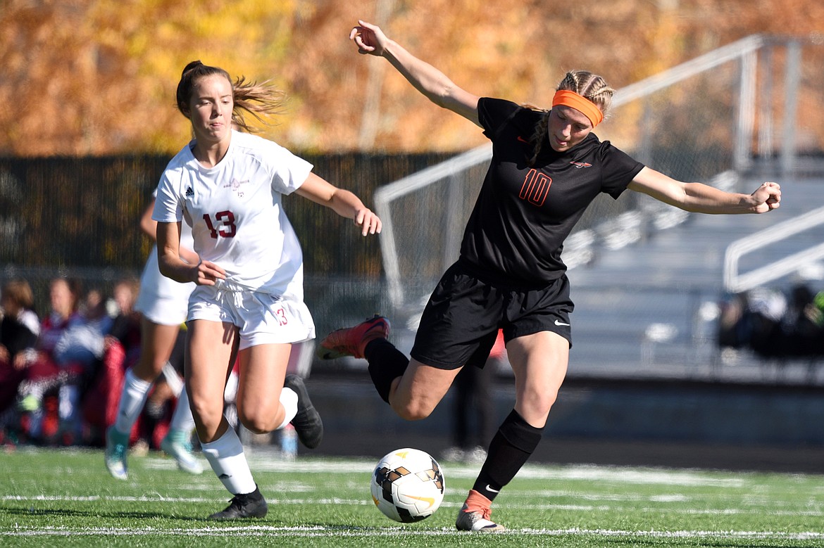 Flathead's Shayenn Thompson (10) sends a shot on goal in the second half against Helena High at Legends Stadium on Thursday. (Casey Kreider/Daily Inter Lake)