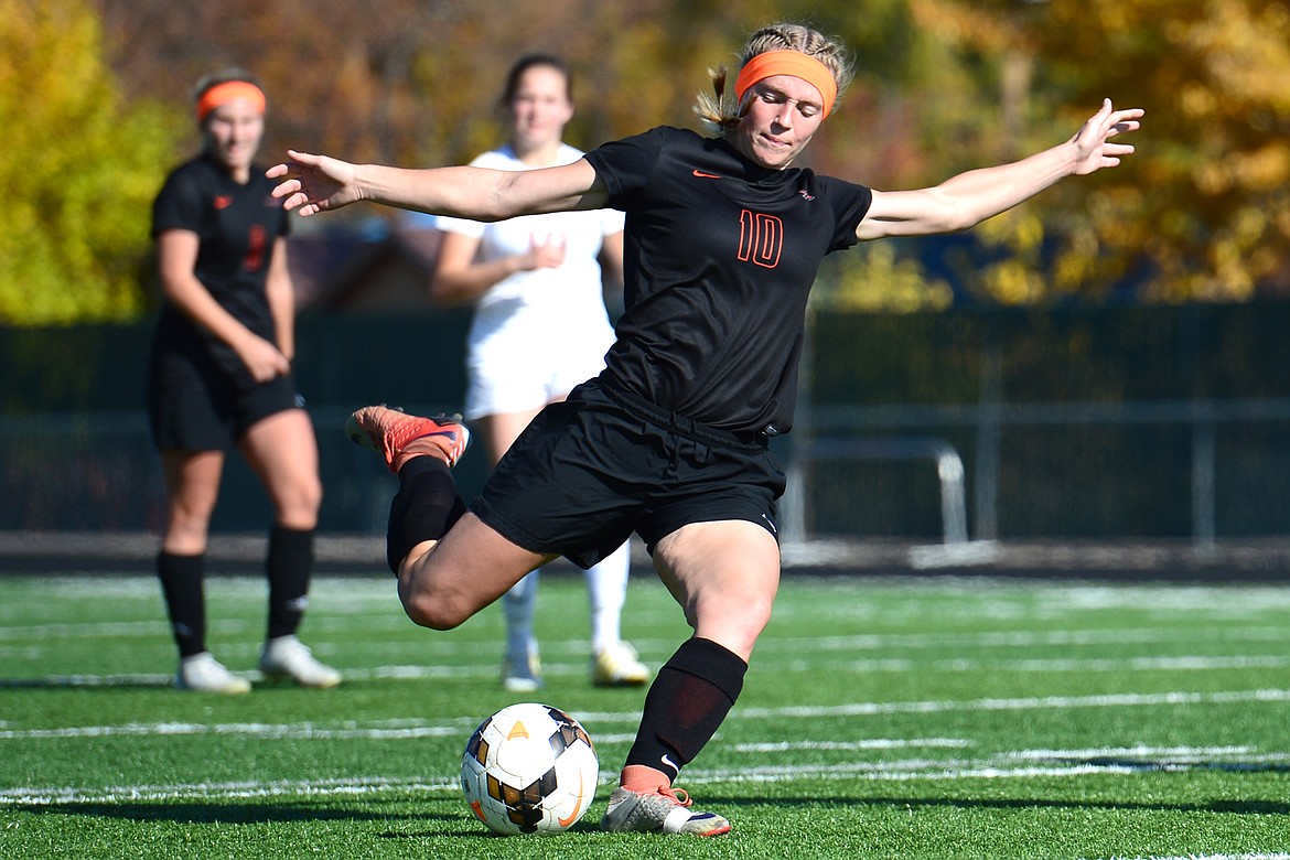 Flathead's Shayenn Thompson (10) sends a shot on goal in the second half against Helena High at Legends Stadium on Thursday. (Casey Kreider/Daily Inter Lake)