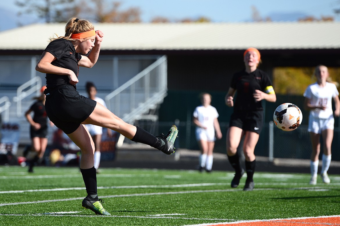 Flathead's Elena Jimenez (2) scores a second-half goal against Helena High at Legends Stadium on Thursday. (Casey Kreider/Daily Inter Lake)