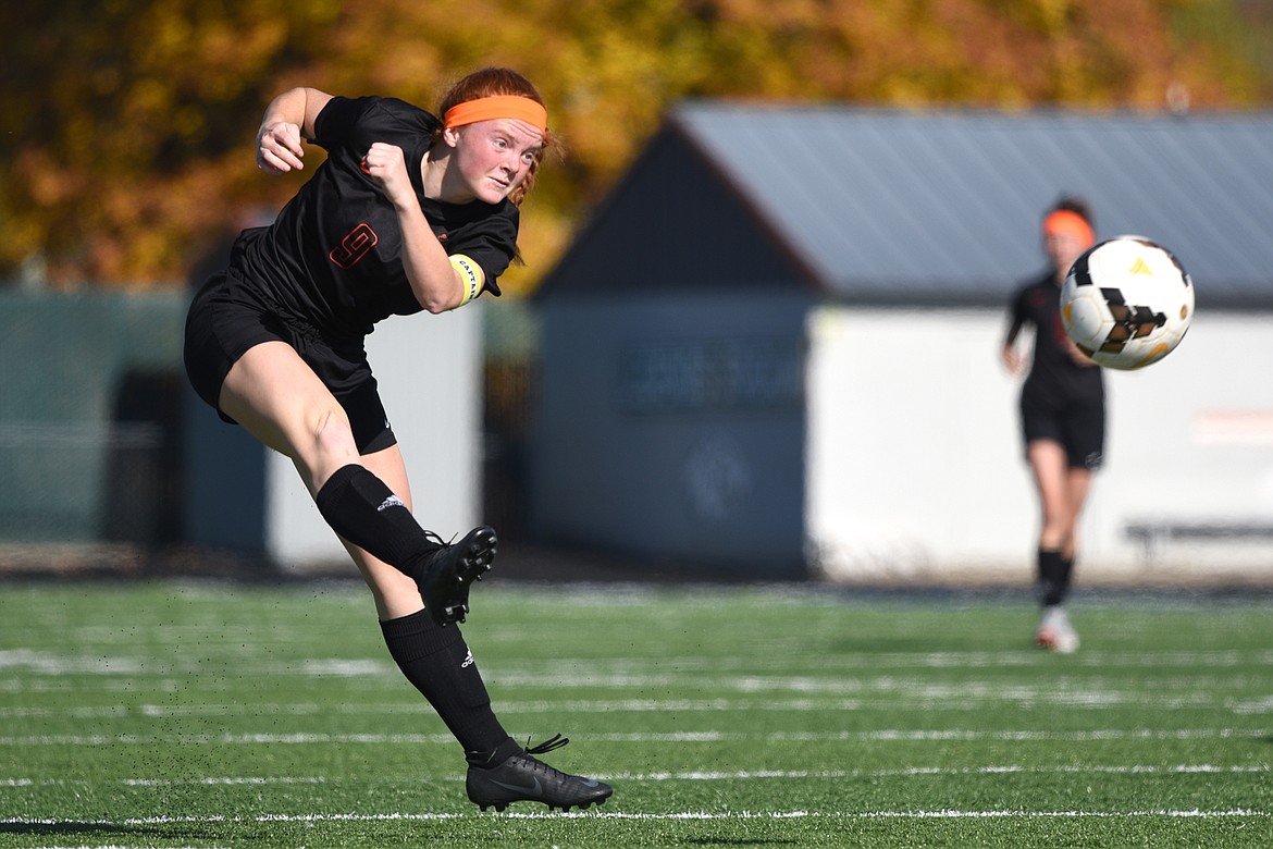 Flathead's Skyleigh Thompson (9) sends a shot on goal in the second half against Helena High at Legends Stadium on Thursday. (Casey Kreider/Daily Inter Lake)