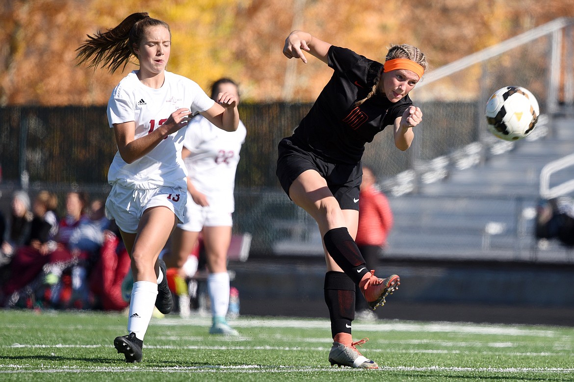 Flathead's Shayenn Thompson (10) sends a shot on goal in the second half against Helena High at Legends Stadium on Thursday. (Casey Kreider/Daily Inter Lake)