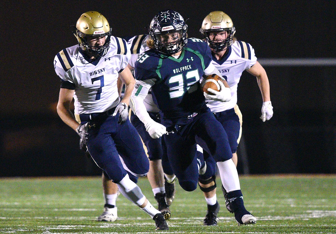 Glacier running back Preston Blain (33) heads to the end zone on a 46-yard touchdown run in the second quarter against Missoula Big Sky at Legends Stadium on Thursday. (Casey Kreider/Daily Inter Lake)