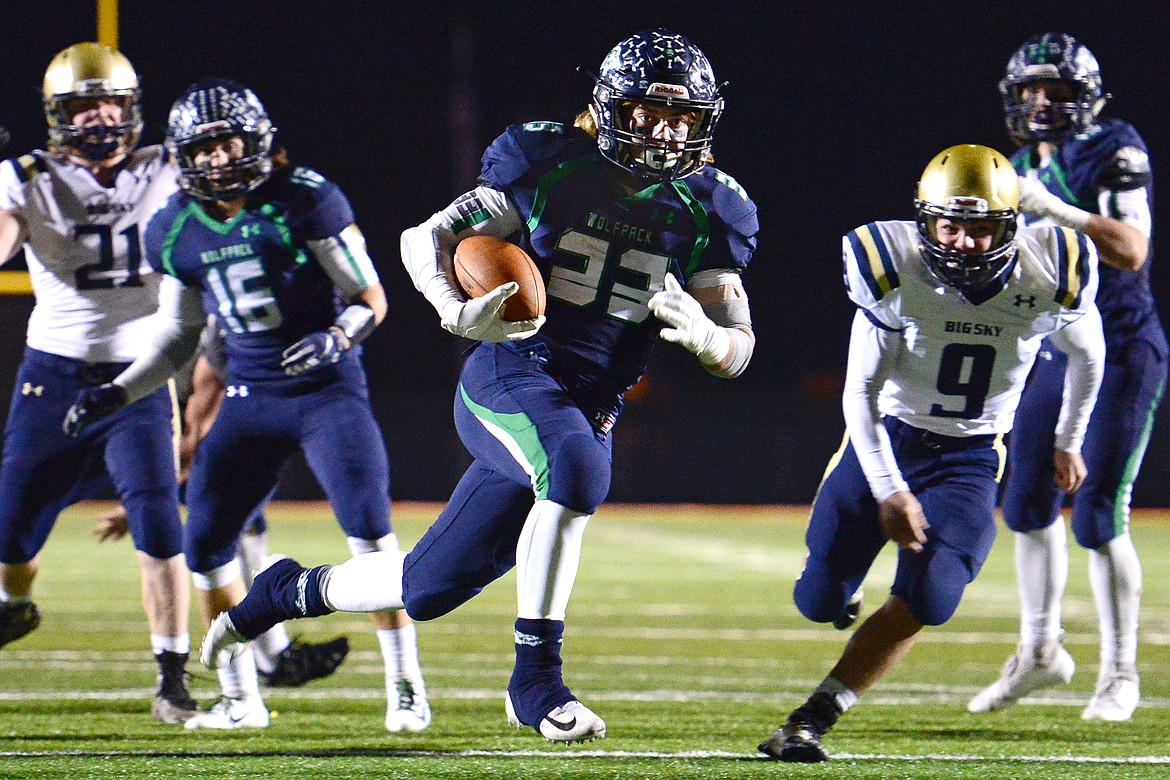 Glacier running back Preston Blain (33) heads to the end zone on a third-quarter touchdown run against Missoula Big Sky at Legends Stadium on Thursday. (Casey Kreider/Daily Inter Lake)