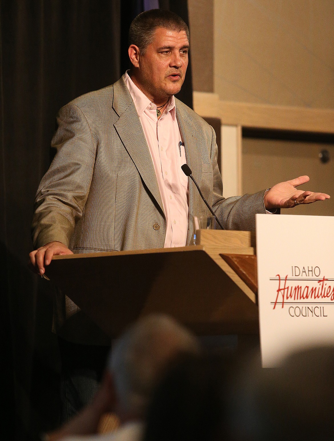 Pulitzer Prize-winning author Adam Johnson shares the story of Park Sang Hak during the 15th annual North Idaho Distinguished Humanities Lecture and Dinner in The Coeur d'Alene Resort on Thursday. (LOREN BENOIT/Press)