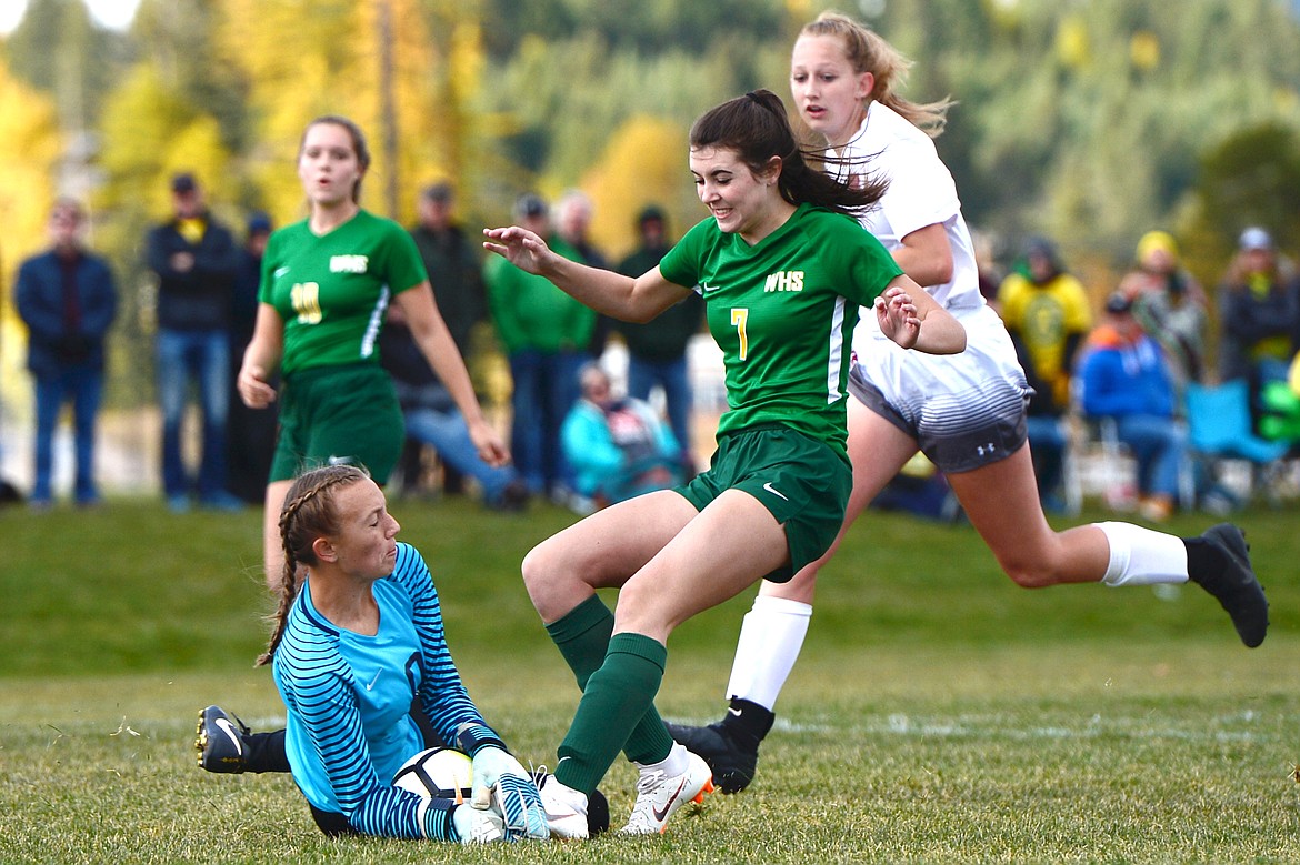 Hamilton goalkeeper Maddy Martin scoops up an attempt by Whitefish's Olivia Potthoff (7) in the second half at Smith Fields in Whitefish on Saturday. (Casey Kreider/Daily Inter Lake)