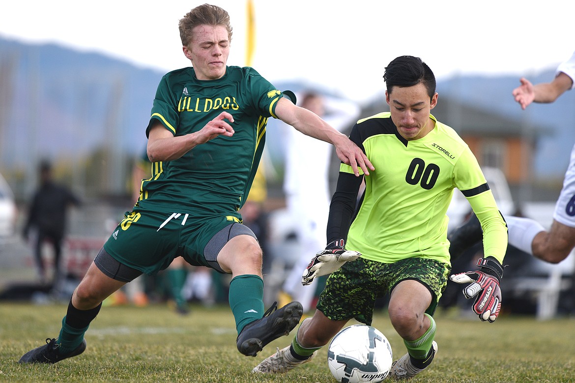 Whitefish's Casey Schneider (10) collides with Livingston goalkeeper Brandon Smith (00) in the second half at Smith Fields in Whitefish on Saturday. (Casey Kreider/Daily Inter Lake)